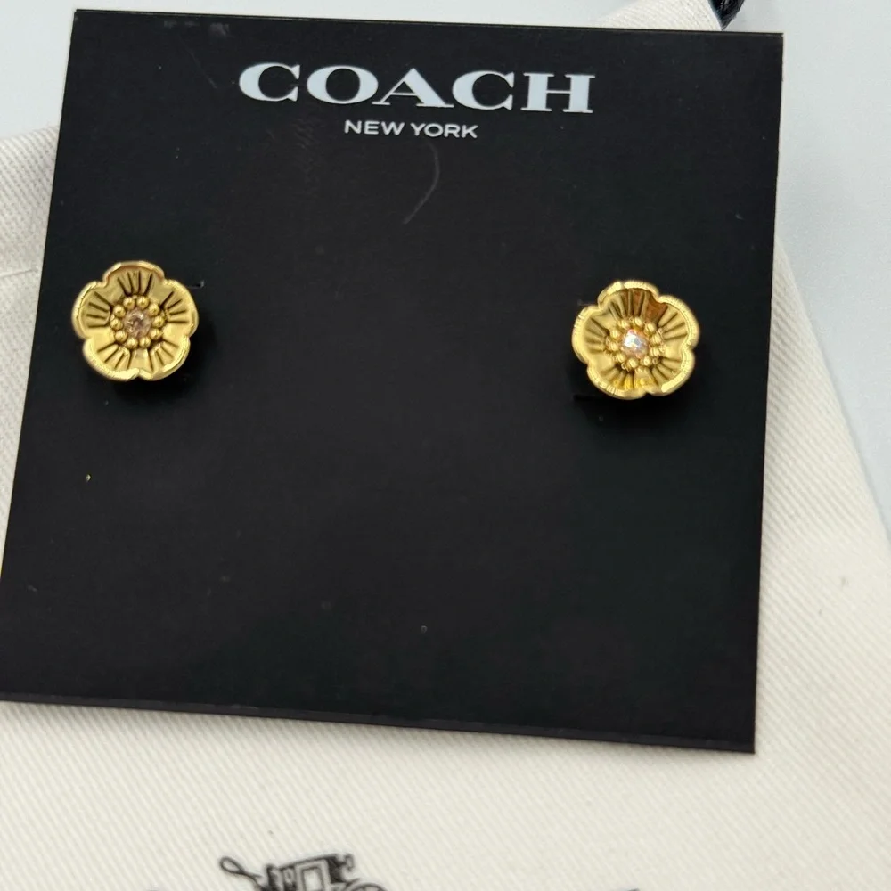 Coach Gold Floral Crystal Stud Earrings - Picture 2 of 3
